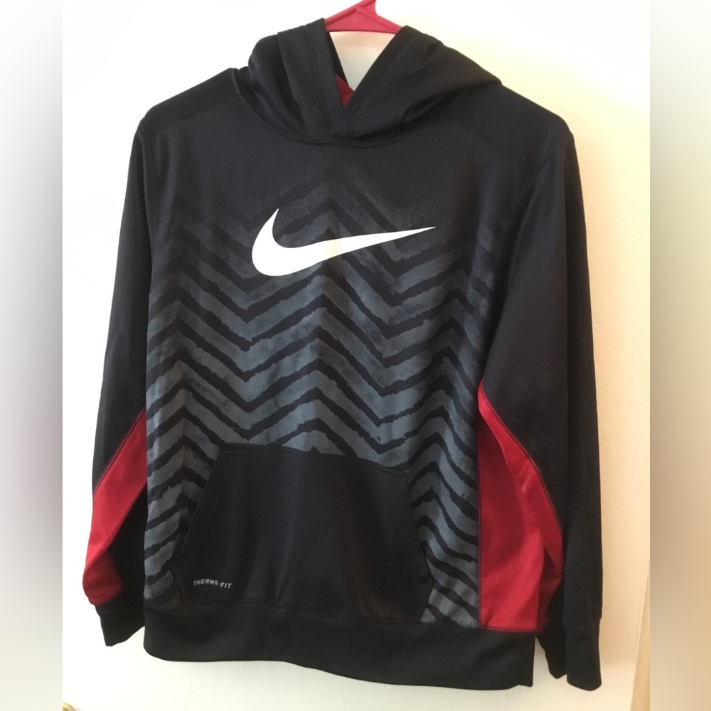 Nike Black Pullover Hoodie with Red Panels and White Swoosh